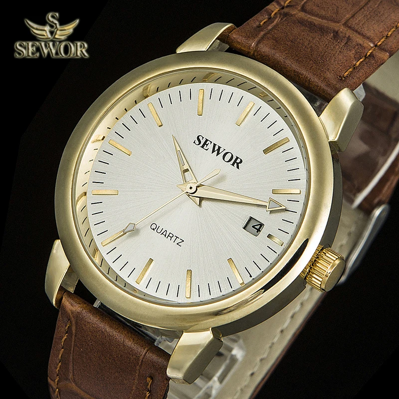 

SEWOR Mens Leather Band Concise Fashion Gold Watch Men Quartz Wrist Watches C1250