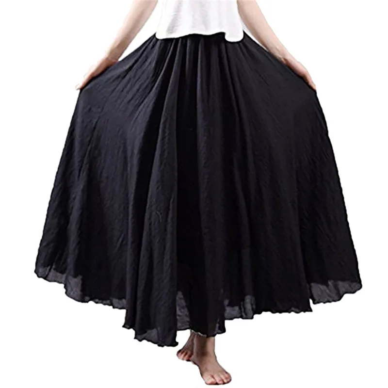 Женская Праздничная Этническая юбка из хлопка и льна, Длинные свободные вечерние пляжные юбки на каждый день, летняя Однотонная юбка белого, черного, хаки цвета - Color: Black