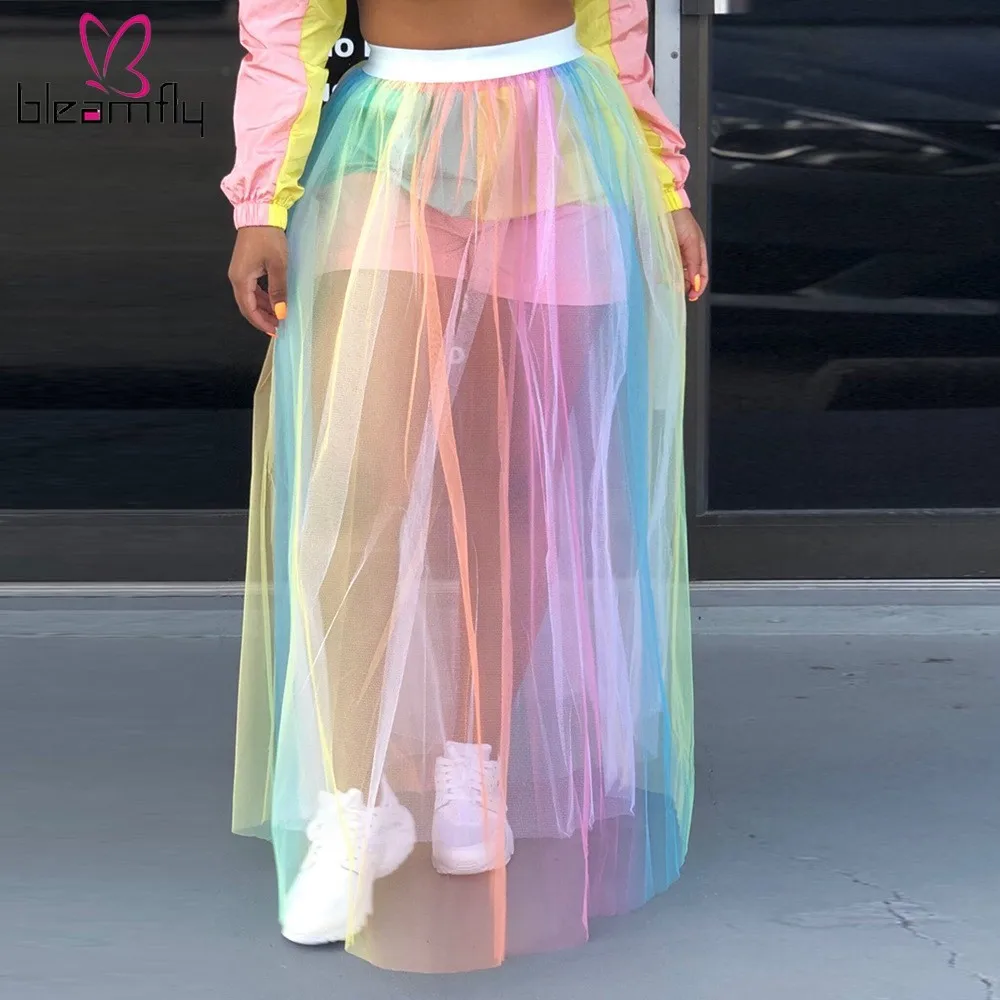 Colorful Mesh Sheer Maxi Skirt Women High Waist See Through Pleated