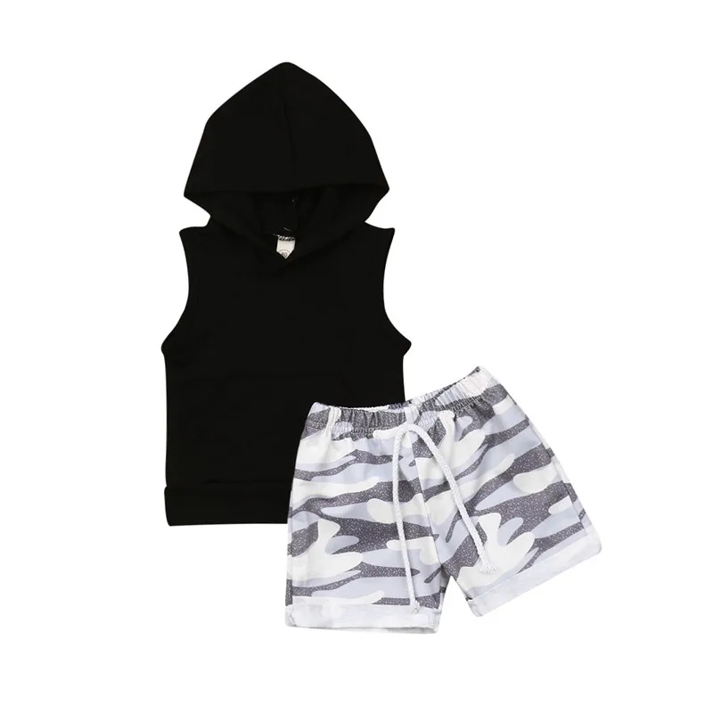2019 New Kids Baby Boy Clothes Sets Summer Fashion 2Pcs Hoodie Vest Tank Tops+Camo Shorts Cotton Outfits 6M-4Y | Детская одежда и