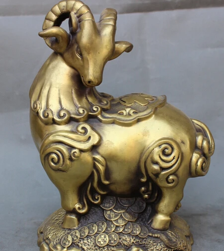 

B0602 12" Folk China Bronze Year Zodiac Wealth Coin Fu Sheep Statue Animals Sculpture