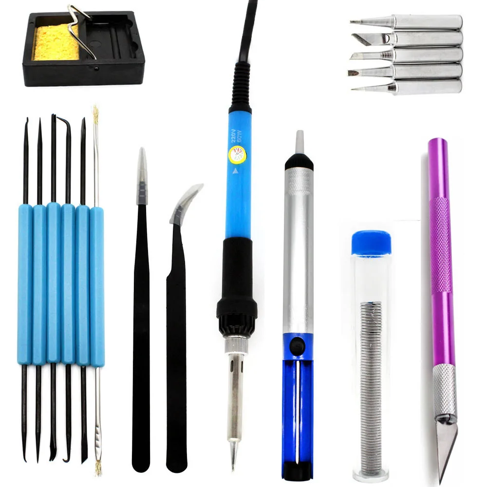 Eu Plug Adjustable Temperature Electric Soldering Iron Kit Tips Portable Welding Tweezers Solder Wire 220v 60w  power tool