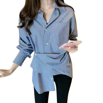 

Fashion Women Retro College Wind Pocket V-Neck Long Sleeve Striped Print Loose Shirt Versatile Blouse