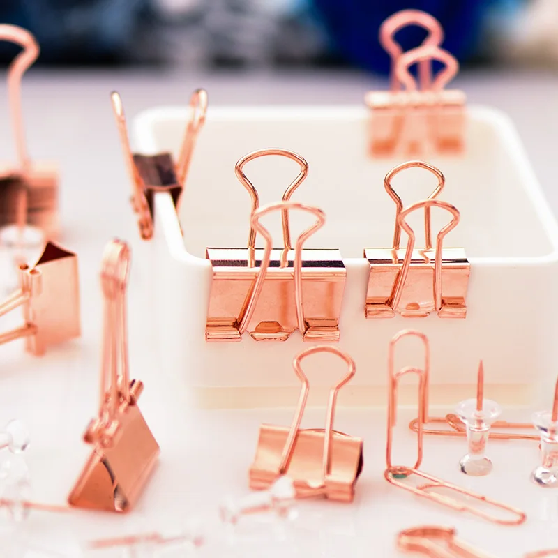 

Champagne color binder clips metal material paper clips PS boxed package 18mm25mm Powerful binding clips high quality stationery