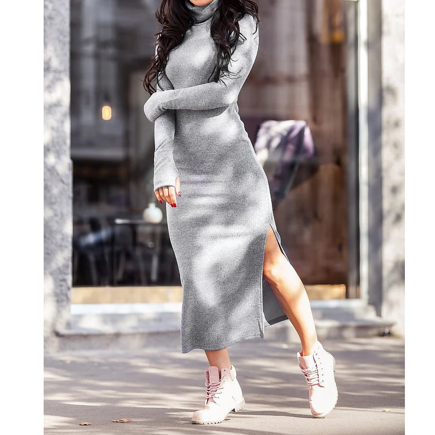 Женское длинное трикотажное платье свитер с высоким воротником|maxi vestido|long dresssweater