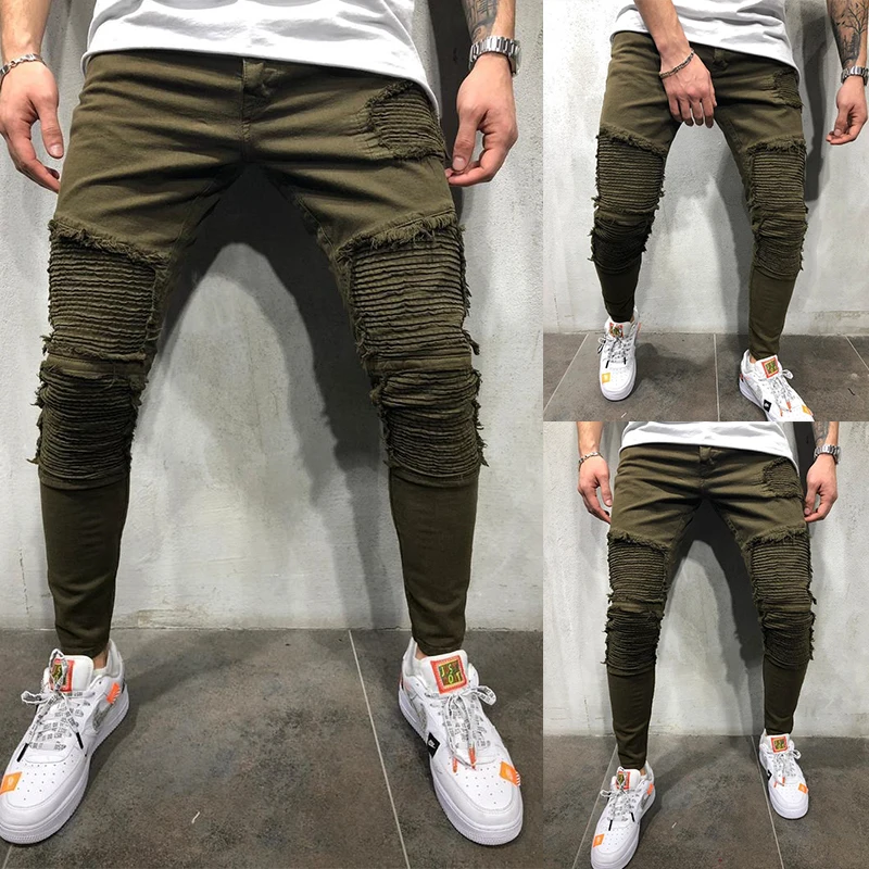 

Men's Army green pleated hollow jeans Causal trousers for men