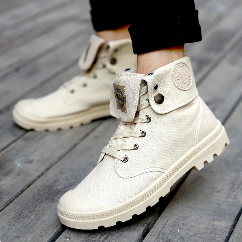 Baratos Botas militares para Hombre 2019 Zapatos altos De lona De moda al aire libre para Hombre Zapatos casuales botas De tobillo botas negras De Chelsea Zapatos De Hombre
