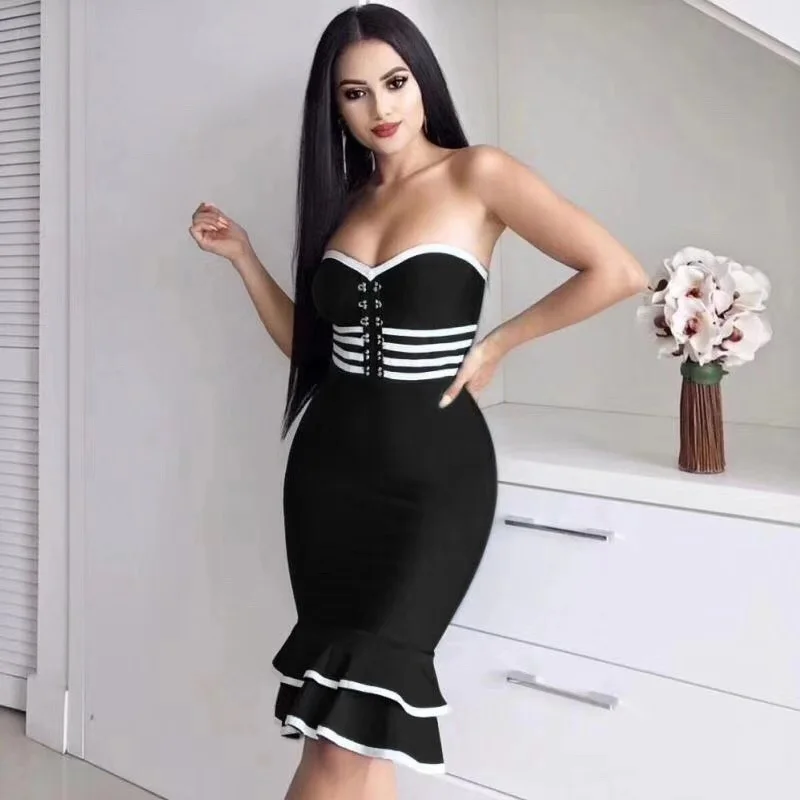 

2018 New Fashion Elegant Black Bandage Women Short Dress Bridesmaid Mermaid Design Wedding Party Dress Outfit Casual Wholesale