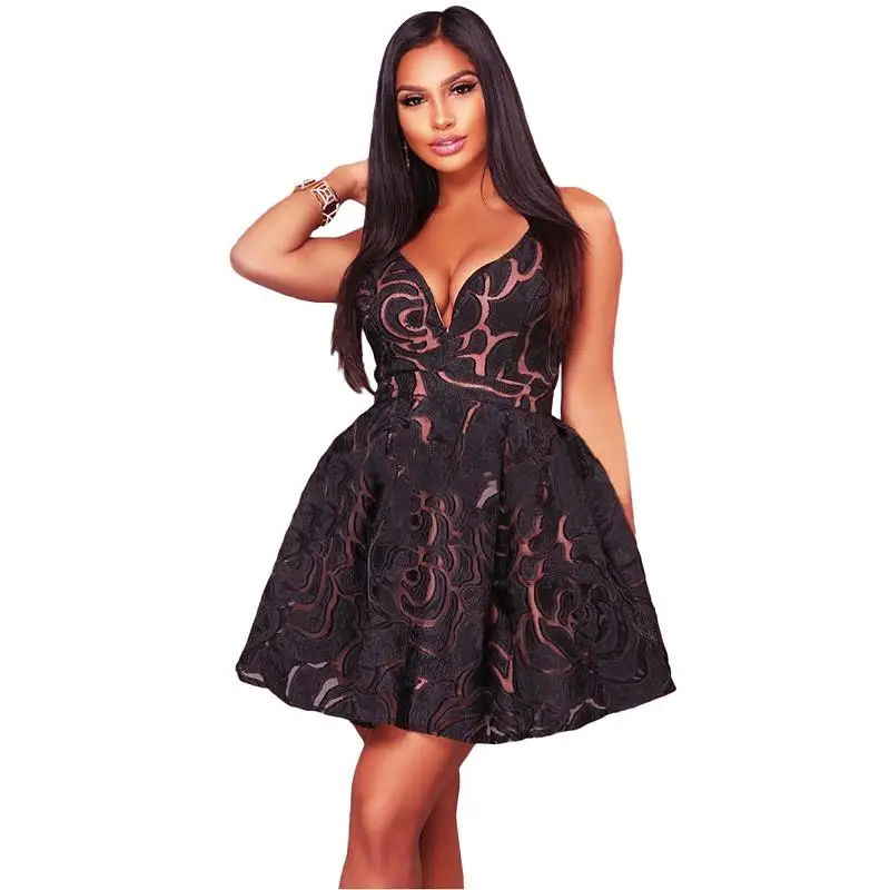 ADEWEL Sexy Deep V Neck Spaghetti Strap Women Lace Dress Elegant Crochet Mini Short Party Dresses  (6)
