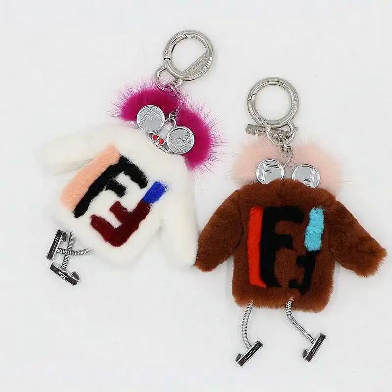 

Mink Fur animal KeyChain Women Bug Witches Monster Bag Charm Cute silver Robot Luxury Pendant Genuine Pompom Rabbit Fur Keyring