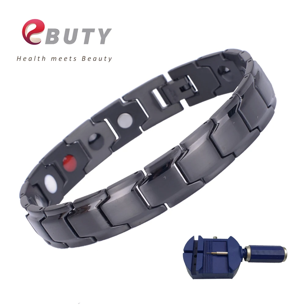EBUTY мужской черный титановый браслет магнитная энергия здоровье браслет 4 в 1 камень(германий, пихта, магнит, отрицательный ион) подарок ювелирные изделия