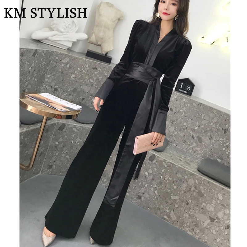 Velours Jambe Noir Nouveau À Taille Salopette Large Ceinture Manches Mince V bleu Mannequin Hiver Pantalon Haute Femelle Noir Longues Automne Bleu Col Ba8dxzqw