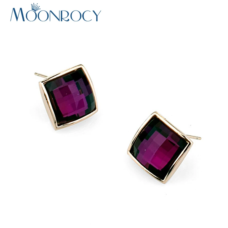 

MOONROCY Drop shipping Fashion Rose Gold Color Crystal Earrings Wholesale Green Purple Red Square Stud Earrings for Women Gift