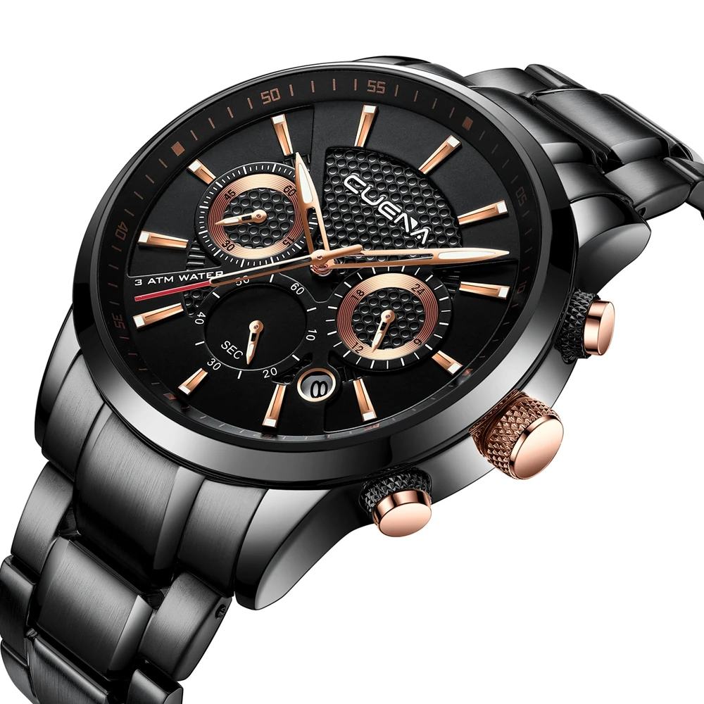 

CUENA Quartz Watches Men Luminous Hands Auto Date Chronograph Stainless Steel 30m Waterproof Men's Wrist Watch Relogio Masculino