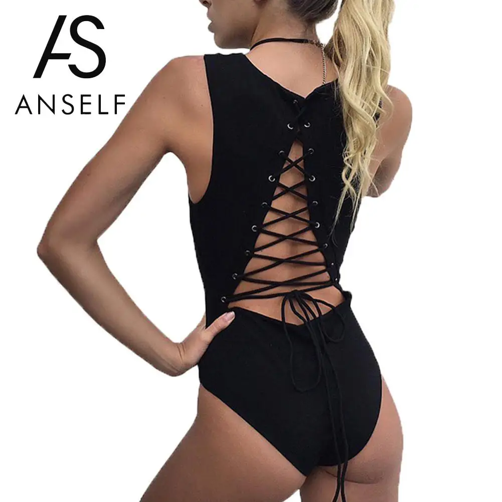 

Anself Summer Sexy Lace Up Bodysuit Women Sleeveless Tie Back Bodycon Jumpsuit Backless Rompers Womens Jumpsuit Short Playsuit