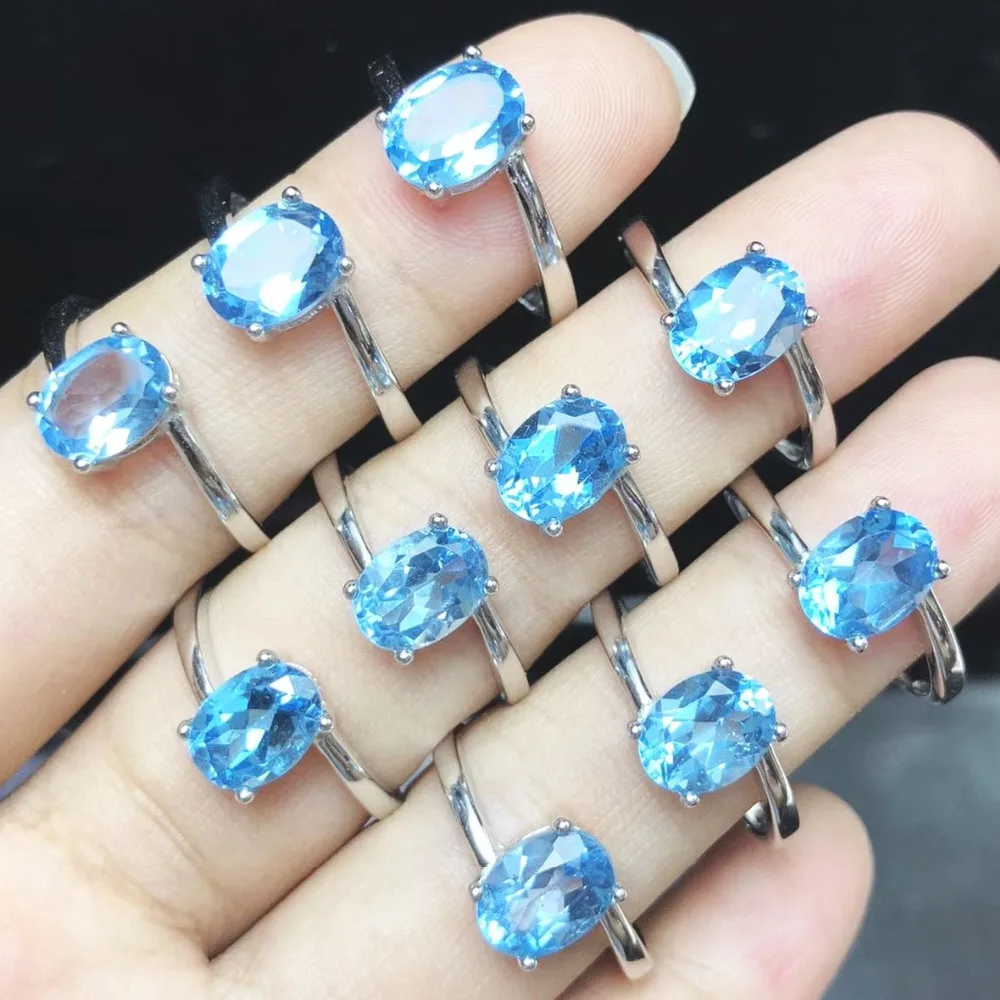 Природный Голубой топаз кольцо 925 пробы Серебряные кольца Регулируемый ремешок кольца для Для женщин Юбилей Винтаж ювелирные изделия
