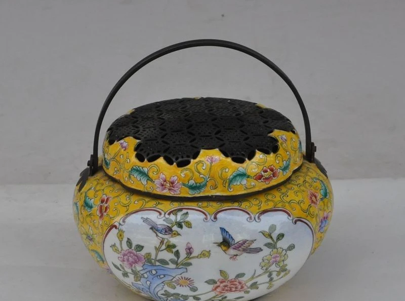 

4"mark chinese bronze cloisonne enamel flower Magpies bird statue incense burner