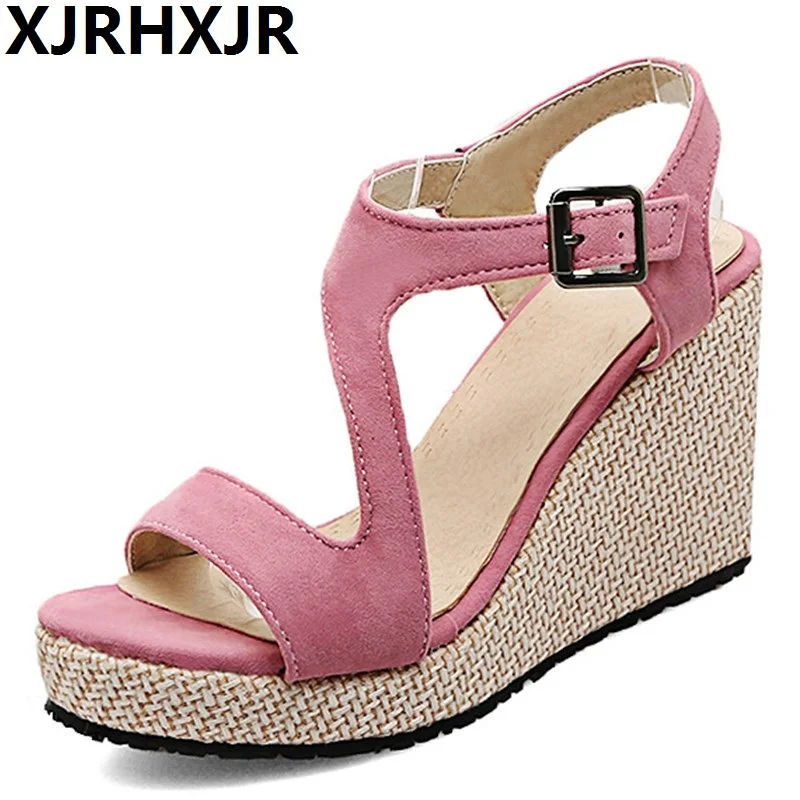 

XJRHXJR Pink Summer Women Sandals Wedge Peep Toe Shoes High Heels Beach Ladies Shoes Fashion Platform Rome Plus Size 42 43