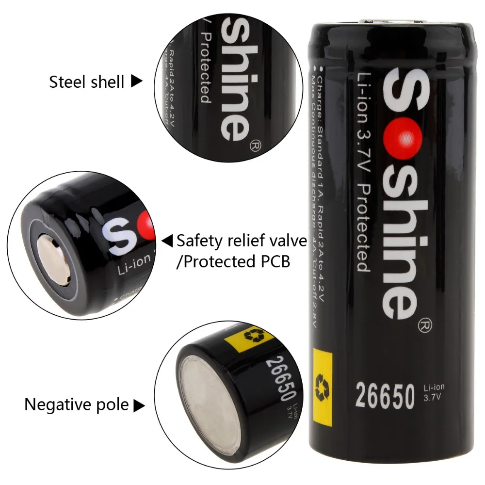 Preise 2 stücke Soshine 3,7 V 5500mAh Große Kapazität 26650 Li Ion Akku mit Geschützt PCB für LED Taschenlampen  scheinwerfer