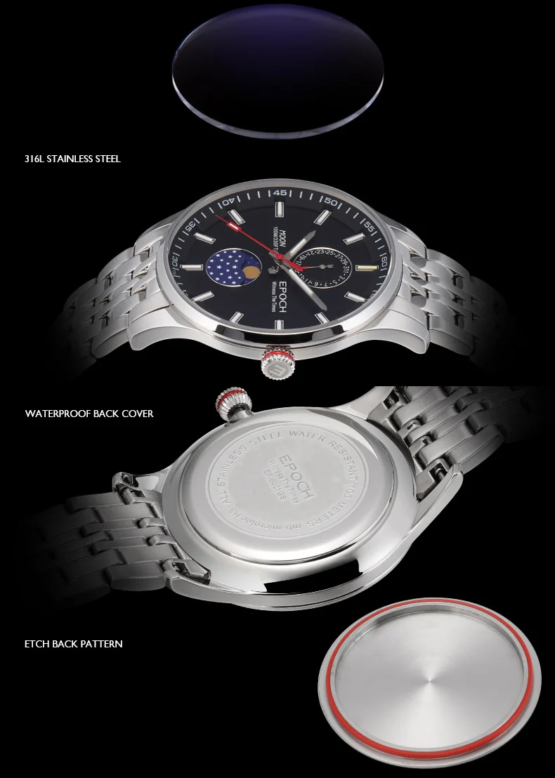 Epoch Мужские кварцевые часы мужские часы лучший бренд класса люкс T100 Тритий Светящиеся saat moon phase relogio masculino reloj hombre 6021GS