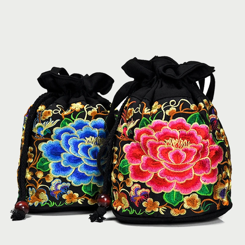 #*Cheap 2018 Small Drawstring Bucket Bags Double Face Embroidery Crossbody Bag Boho Thai Embroidered Drawstring Messenger Shoulder Bag