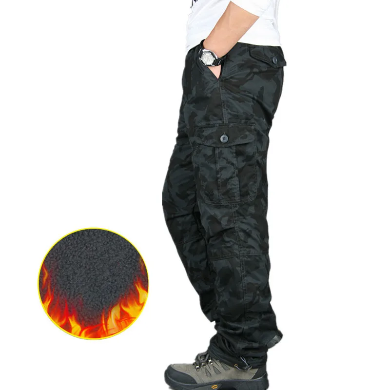 Online Winter Doppel Schicht männer Cargo Hosen Männer Warme Dicke Baggy Baumwolle Im Freien Hosen Casual Armee Military Camouflage Taktische