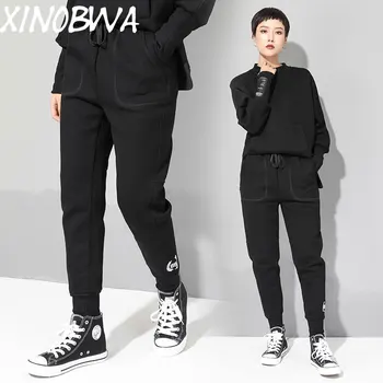 

Europe New Women Spring Autumn High Street Fashion Elastic Waist Embroidery Pencil Pants Female Casual Loose Personality Pants