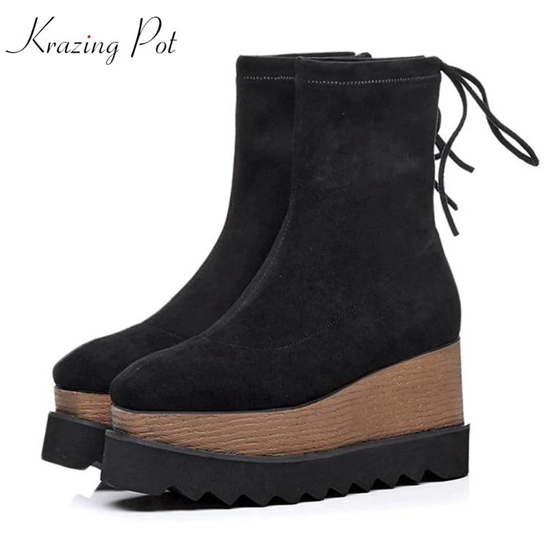 

Krazing Pot 2018 new fflock slip on fashion runway wedges Autumn Spring European designer lazy style mid-calf stretch boots L83