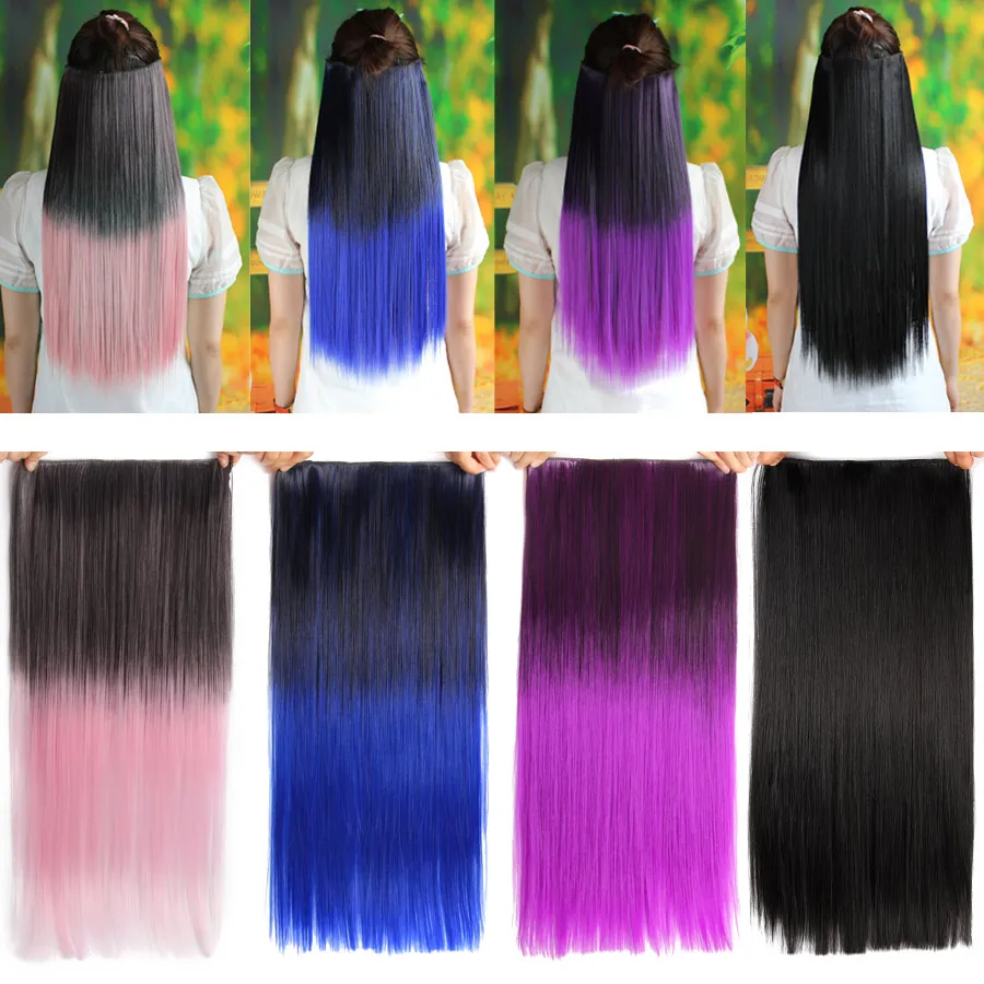 Alileader 60Cm Blue Hair Synthetic Extension Straight Blue 5Clips In Hair Extensions Fake Hair Pieces Full Head Women Clip