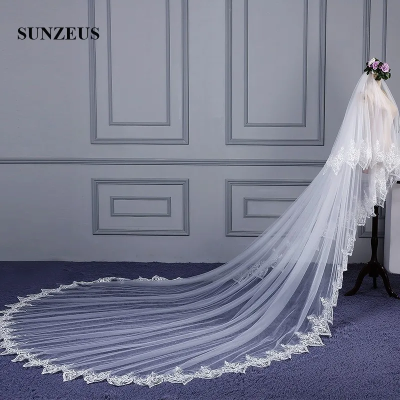 Два слоя фаты длиной для невесты края шнурка собор Veil vestido de noiva 2018 аксессуары SBV35