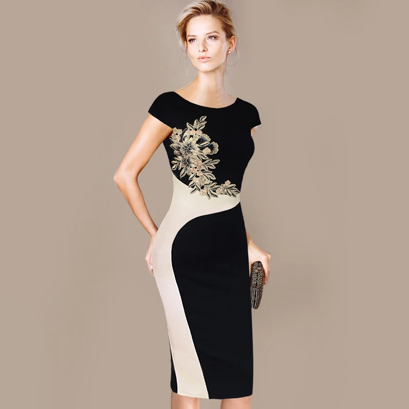 Womens Elegant Vintage Embroidered Contrast Slim Casual