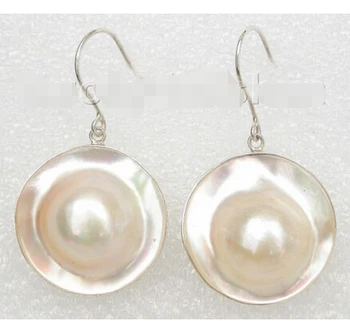 

FREE shipping> >>> AAA natural rare 22mm white South Sea Mabe Pearl Earrings 925sc Dangle j7802