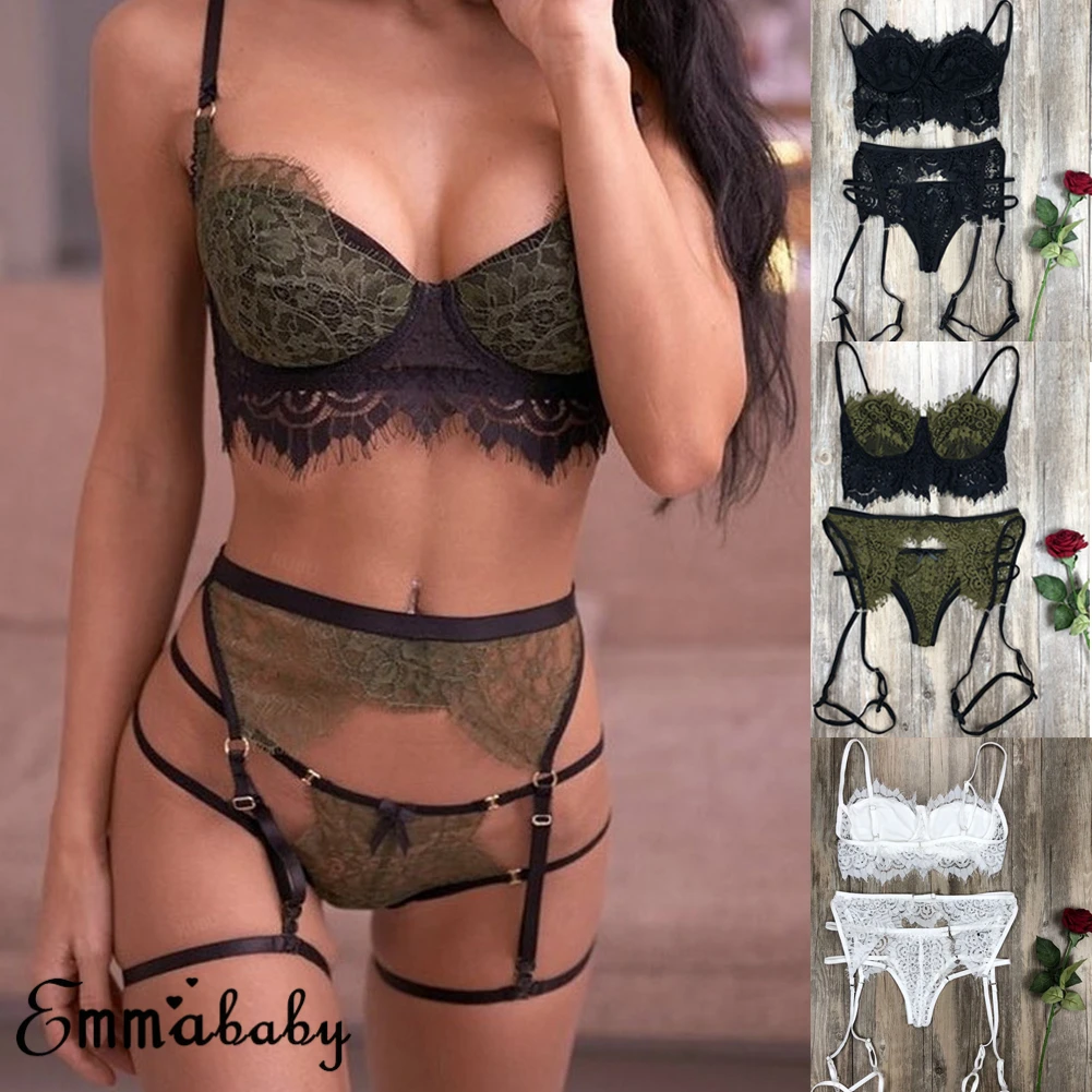 Женское нижнее белье 3 шт женское сексуальное нижнее белье кружева Babydoll бюстгальтер стринги подвязка пояс набор нижнего белья сексуальные костюмы