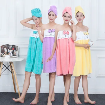 

80x150cm Women's Organic Cute Coral velvet Adjustable Closure Bowknot Decorative Spa Shower Hat set and Bath Wrap Towel Pink
