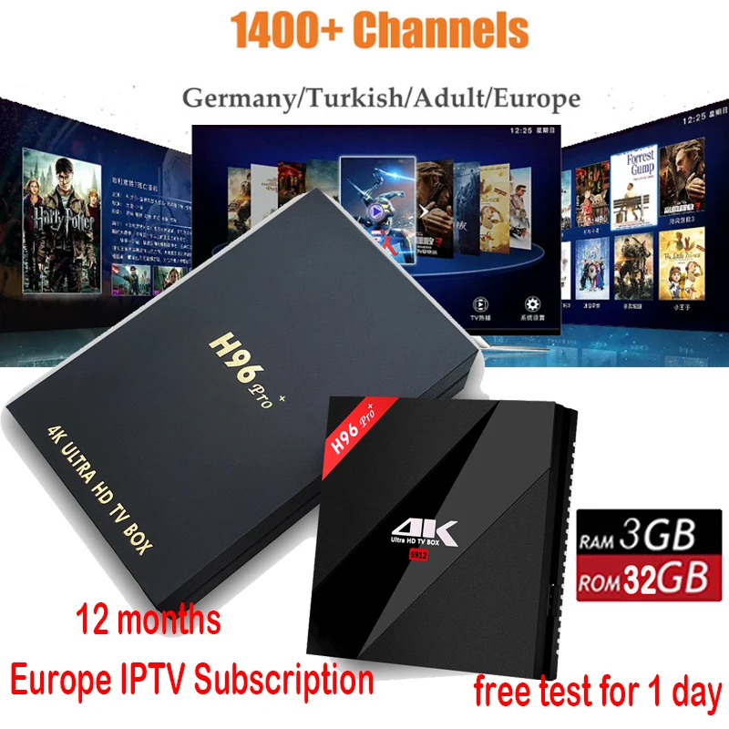 H96 Pro Plus IP ТВ коробка H96 pro + 3g/32 г 4 К S912 Android 7,1 H.265 HD Smart ТВ Media Player + 1 год ip ТВ французский ТВ 1150 + Каналы