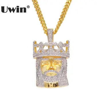 

Uwin Crowned Jesus Head Necklaces&Pendants Clear Bling Micro Cubic Zircon Top Quality Jewelry With Stainless Steel Cuban Chain