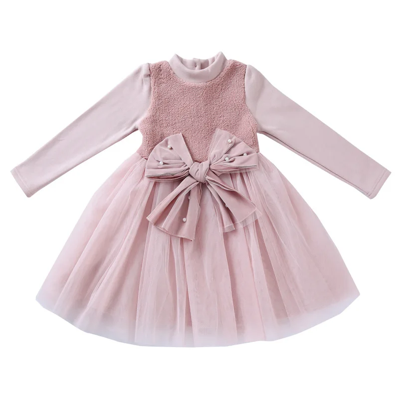 

winter thick warm dresses age for 3 - 12 yrs baby girls pearl big bow party frocks for little girls long sleeve children dress