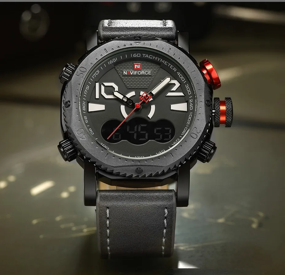 NAVIFORCE Для мужчин спортивные часы Элитный бренд Для мужчин кварцевые цифровые часы мужские модные Повседневное кожаные военные наручные часы 9094