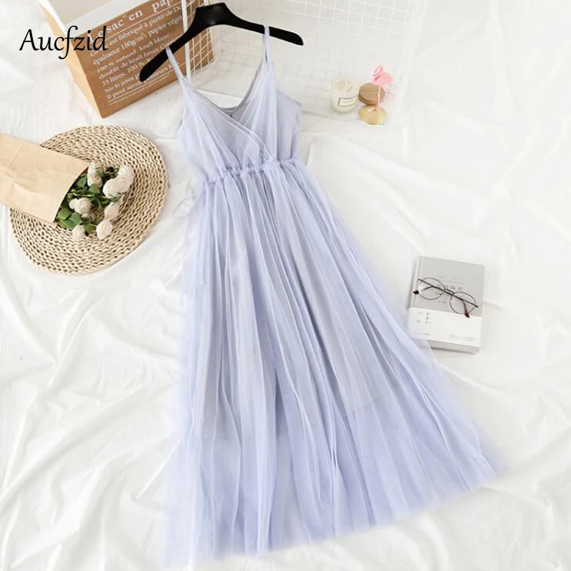 

Aucfzid Summer Sexy Tunic Dress Women Vintage Mesh Spaghetti Strap Dresses Female Spring Slim Party Dress A240