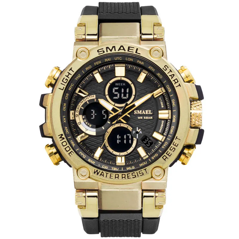 SMAEL спортивные мужские часы, мужские Аналоговые кварцевые часы, светодиодный цифровой водонепроницаемый военный наручные часы, мужские часы - Цвет: Black Golden