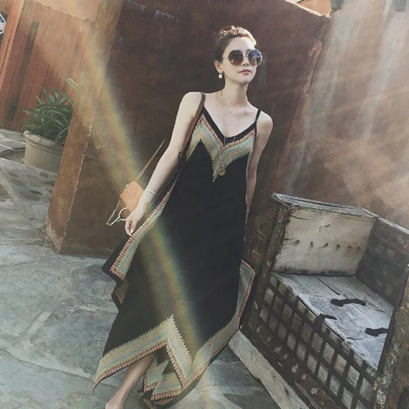 

Free Delivery Women Boho Chic Mexican Dress Hippie Ethnic Style Dress Female Sundress Bohemian Beach Spaghetti Strap Dress