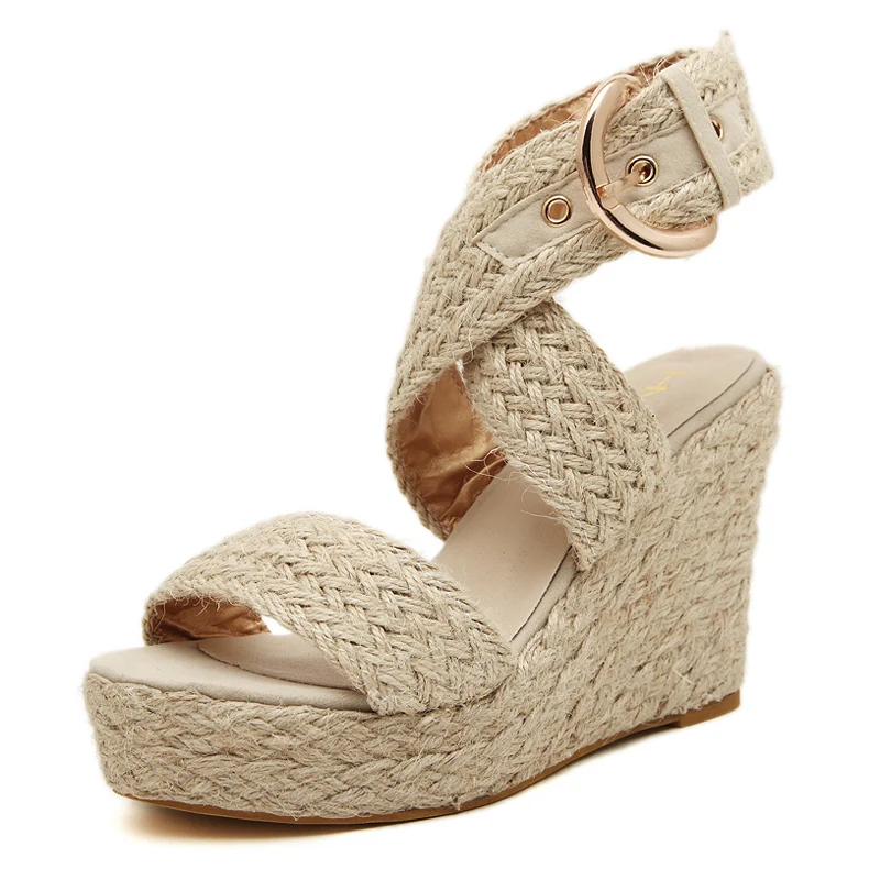 2016 Summer Fashion Straw Hot Sexy Shoes Women's High Heels Open Toe Button Straw Braid Wedges 