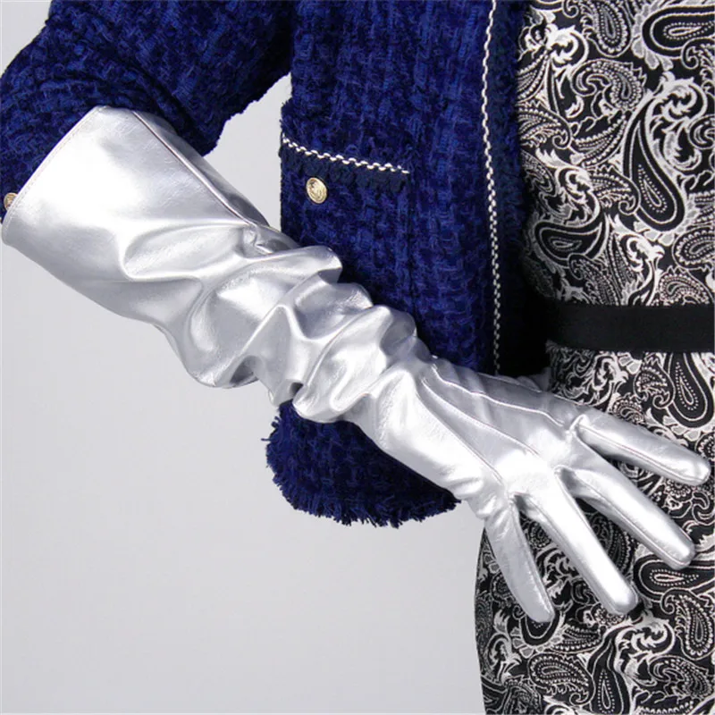 50 см лакированные кожаные длинные перчатки женские с большим рукавом из имитирующей кожи с пышными рукавами яркие серебряные женские мужские WPU65