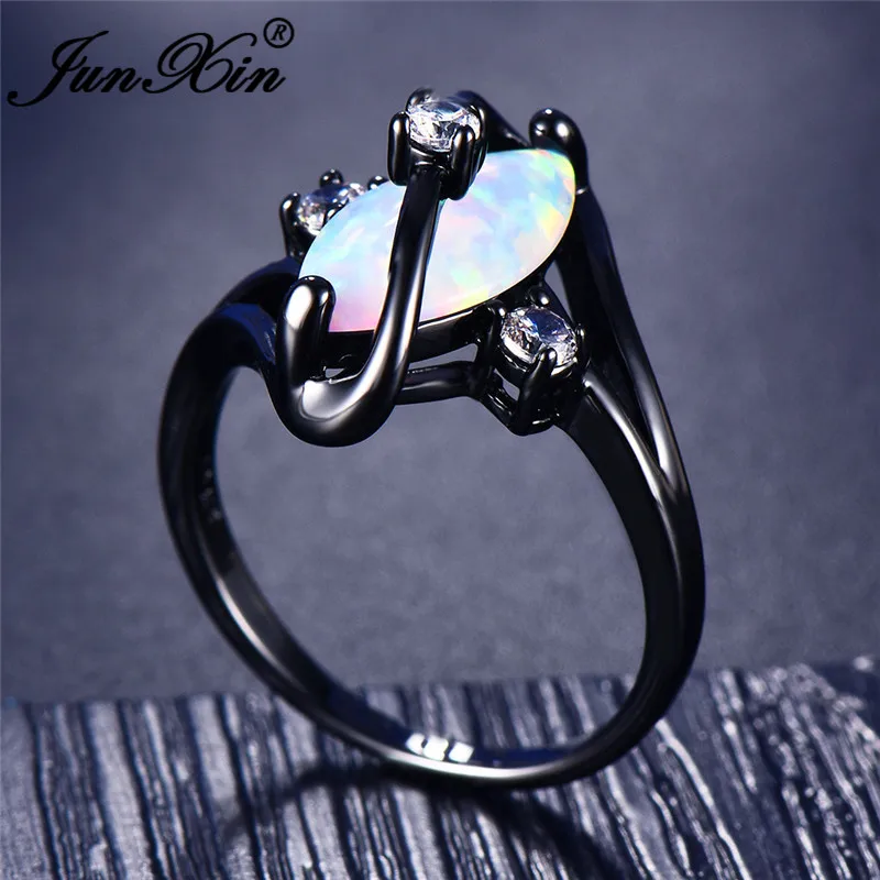 JUNXIN Marquise Horse Eye Белый огненный опал кольца для женщин и мужчин черное Золотое заполненное женское циркон большой Радужный камень Обручальное кольцо CZ
