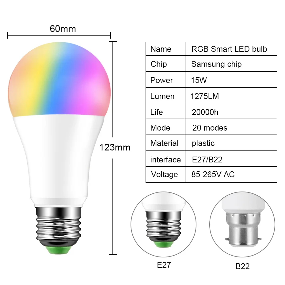  20 Modes Dimmable E27 RGB LED Smart Bulb 15W Bluetooth Magic Lamp RGBW RGBWW Smart Lamp B22 Music C - 33002886875
