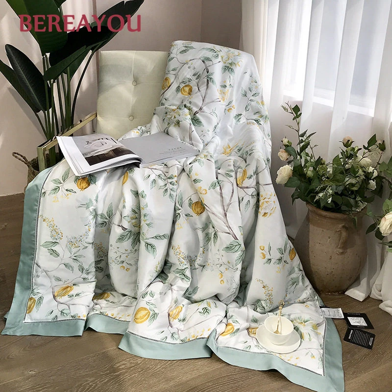 60S Tencel Cotton Summer Quilts Blanket Plant Printing Bed Quilt King Size Bed Cover For Boys Lazy Bed Home Textile colchas
