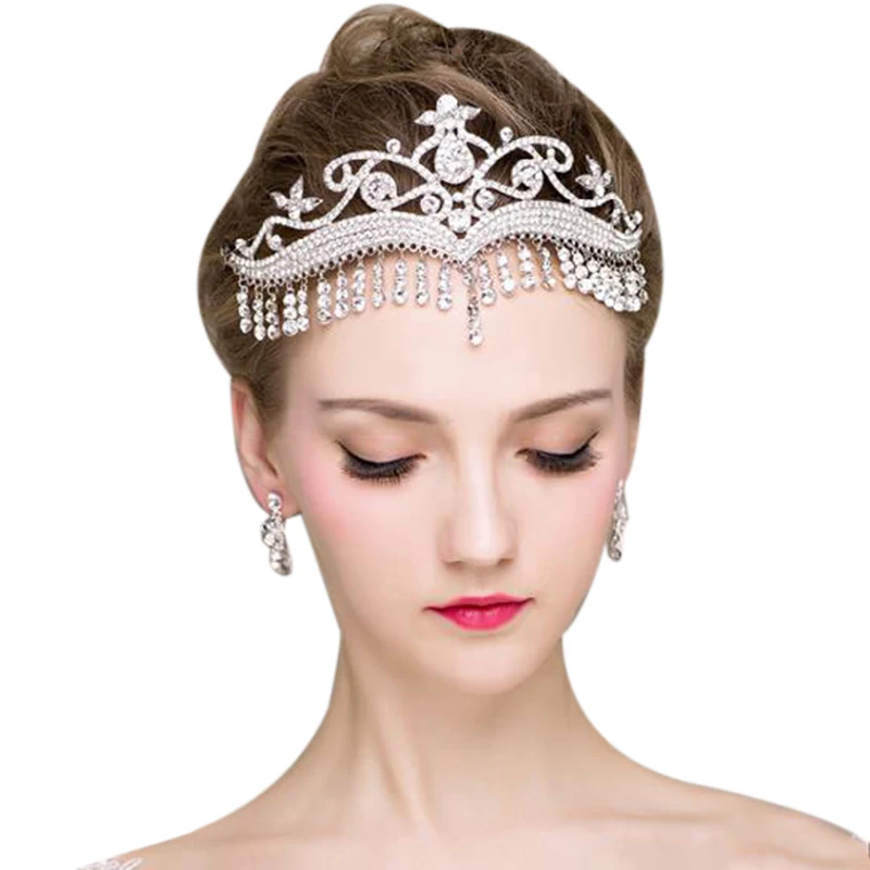 Luxury Rhinestone Tassel Fringe Bridal Tiaras Silver Flower