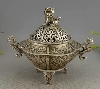 

Chinese Silver Auspicious Phoenix Bird Foo Dog Lion incense burner Censer