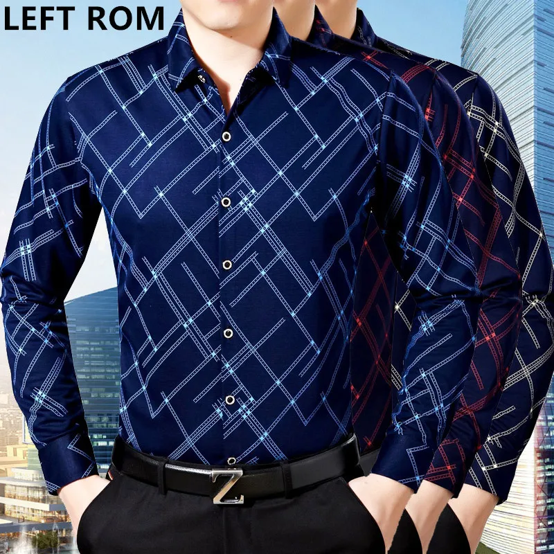 LEFT ROM fall fashion long sleeved cotton print font b shirt b font slim stripe business