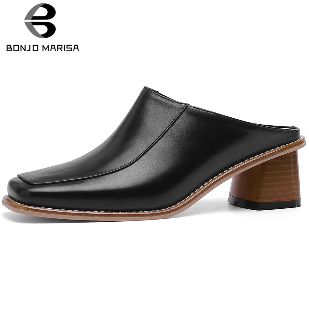 

BONJOMARISA 2019 Large Size 33-40 Square Toe Genuine Leather Pumps Woman Shoes Chunky Heels Lady Mules Shoes Woman Pumps